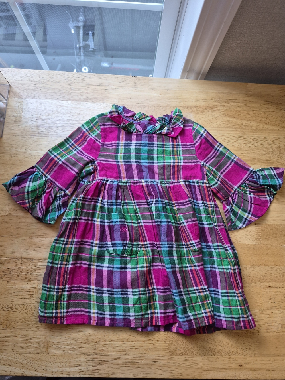 Girls' Ralph Lauren Pink & Green Plaid Ruffle Neck Tunic Top